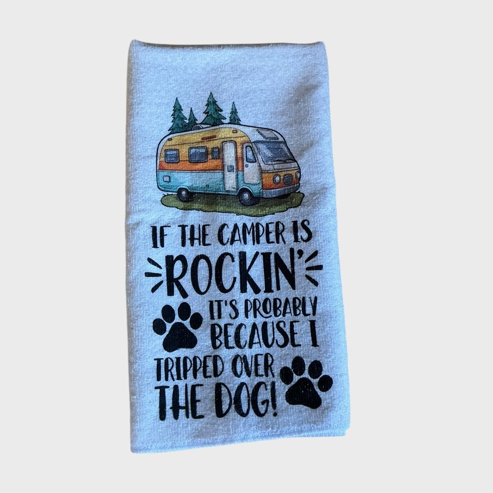 Funny Camper Dog Kitchen Towel RV Camping Novelty Tea Towel New